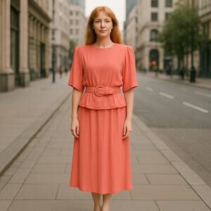 Nina Piccalino coral crinkle rayon midi dress w/ belt 80s–90s L 12–14